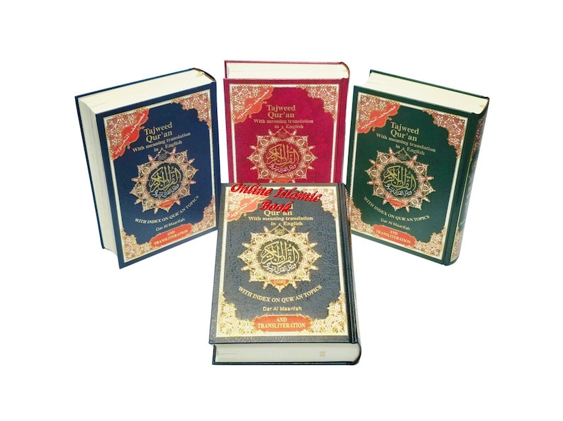 May include: Four hardcover books with gold embossed designs and text. The books are in various colors: navy blue, red, green, and black. The text on the covers includes the words "Tajweed Qur'an" and "Online Islamic Book".