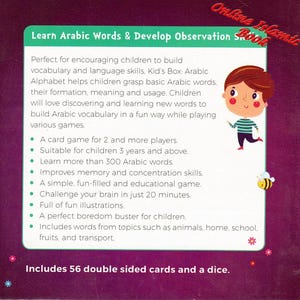 May include: A square educational card game box for children titled Kid's Box: Arabic Alphabet. The purple packaging features a cartoon boy, a bee, and text detailing 56 double-sided cards, a dice, and over 300 Arabic words for learning.