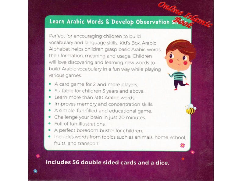 May include: A square educational card game box for children titled Kid's Box: Arabic Alphabet. The purple packaging features a cartoon boy, a bee, and text detailing 56 double-sided cards, a dice, and over 300 Arabic words for learning.
