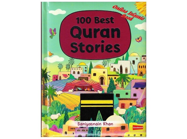 May include: A children's book titled "100 Best Quran Stories" with a colorful illustration of a Middle Eastern town. The cover features a large maroon oval with the title in bold black letters. The book is published by Goodword.