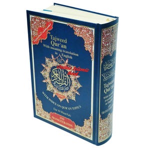 May include: A hardcover book titled "Tajweed Qur'an" with English translation. The cover is navy blue with gold and red decorative accents. The book includes an index on Qur'an topics and transliteration.