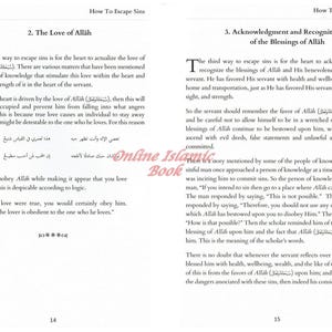 Puede incluir: P&aacute;ginas de un libro abierto con texto en &aacute;rabe e ingl&eacute;s. El texto trata sobre el amor a Allah y el reconocimiento de las bendiciones. El libro tiene un fondo blanco y se titula "How To Escape Sins".