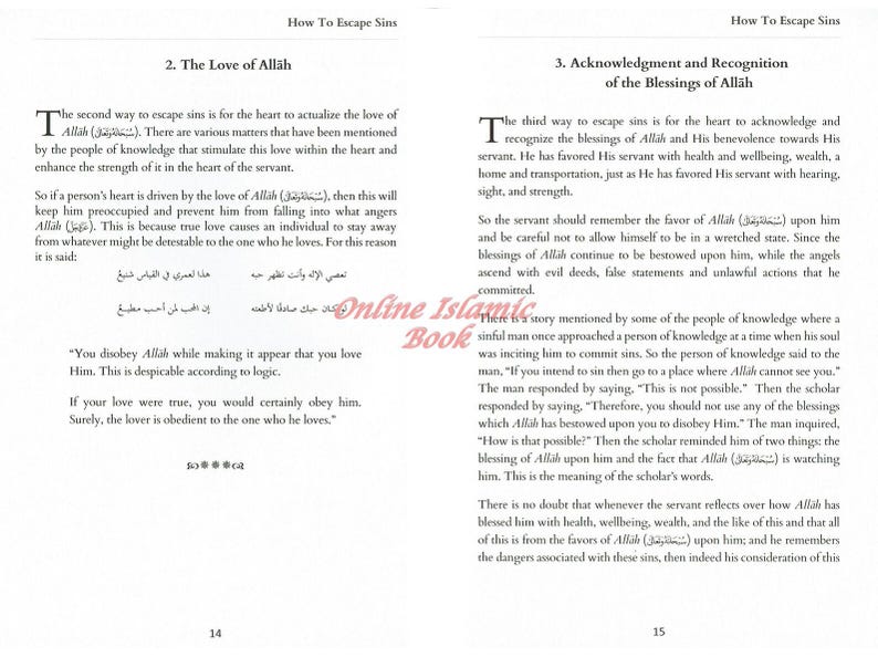 Puede incluir: P&aacute;ginas de un libro abierto con texto en &aacute;rabe e ingl&eacute;s. El texto trata sobre el amor a Allah y el reconocimiento de las bendiciones. El libro tiene un fondo blanco y se titula "How To Escape Sins".