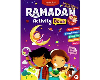 May include: A colorful children's activity book titled "Ramadan Activity Book" with illustrations of children, a crescent moon, and stars. The cover includes text such as "My First Fasts" and "200+ Stickers".