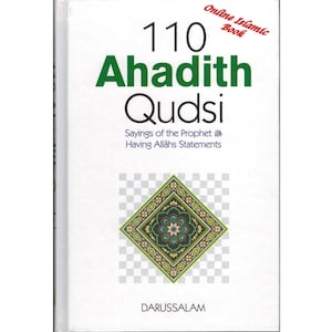 Puede incluir: Una portada de libro blanca con el título "110 Ahadith Qudsi" en verde y negro. El libro presenta un patrón decorativo en forma de diamante en verde, azul y dorado. El texto en la parte superior dice "Online Islamic Book".