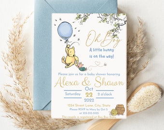 Classic Pooh Baby Shower Invitation - Baby Boy Shower Invite Evite - Editable Customizable Baby Sprinkle - Personalized Winnie the Pooh Bear