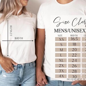May include: White t-shirts with a size chart labeled "MENS/UNISEX FIT." The chart displays measurements in inches for sizes XS to 4X, including width and length. A diagram illustrates how to measure the length and width of a shirt.