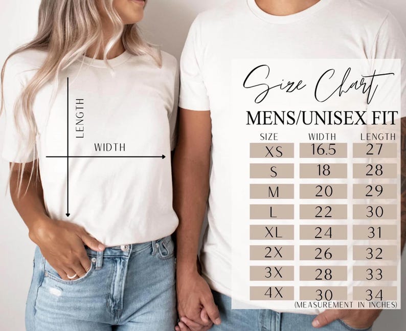 May include: White t-shirts with a size chart labeled "MENS/UNISEX FIT." The chart displays measurements in inches for sizes XS to 4X, including width and length. A diagram illustrates how to measure the length and width of a shirt.