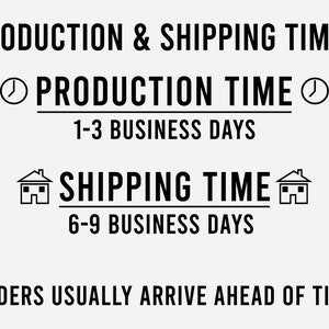 May include: Black and white graphic showing production and shipping times. The production time is 1-3 business days and the shipping time is 6-9 business days. The text *Orders usually arrive ahead of time* is at the bottom of the graphic.