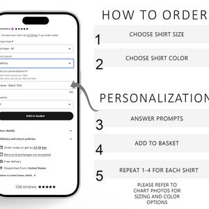 May include: A smartphone screen displays an e-commerce order form for a shirt. The form includes options for size, color, and personalization. Instructions on how to order are listed on the right, including choosing size and color, answering prompts, and adding to the basket.