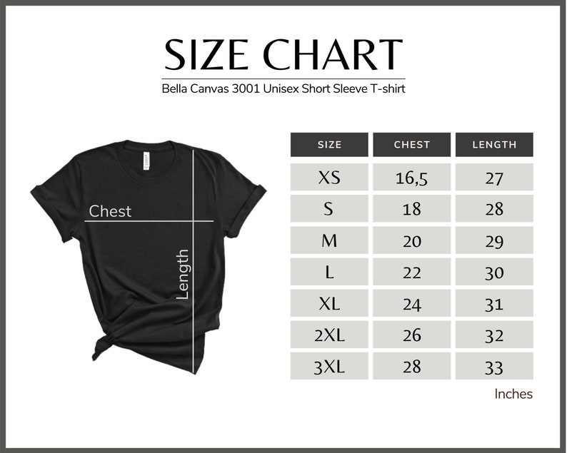 May include: Size chart for a Bella Canvas 3001 Unisex Short Sleeve T-shirt. The chart shows sizes XS through 3XL with corresponding chest and length measurements in inches.