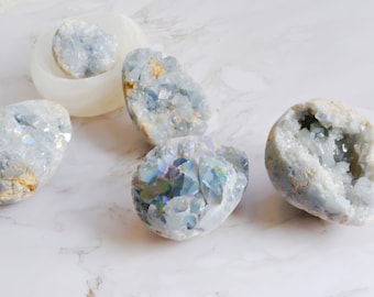 Natural Celestite egg cluster | Aura Blue Quartz| Crystal on stand | 1 PC Choose Your Own | Celestite Raw Cluster | “A” Grade