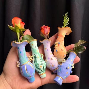 Mini clay vase pin | wearable flower holder | posy pin | enamel spring polka vase brooches