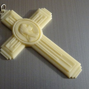 White Celluloid cross with Virgin Mary, Religious Catholic Pendant Medallion Holy Charm T 494