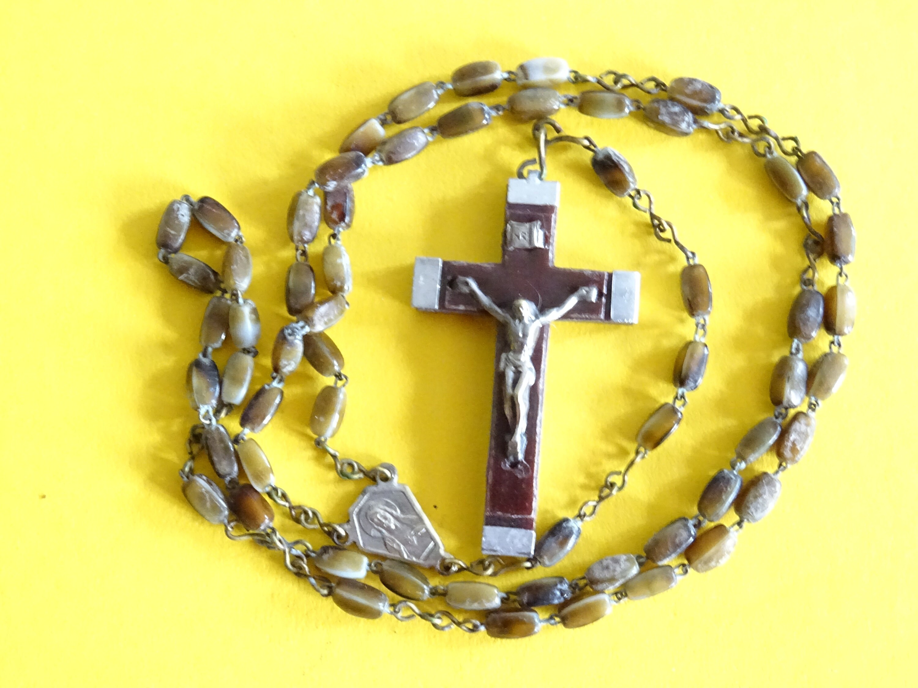 Ancien Rosaire Chaplet Miraculeuse Medaille Quartz Brown Beads Cross P 88