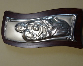 Italian Argenti Silver Icon Plaque. Lam Ag Wooden Stand Holy