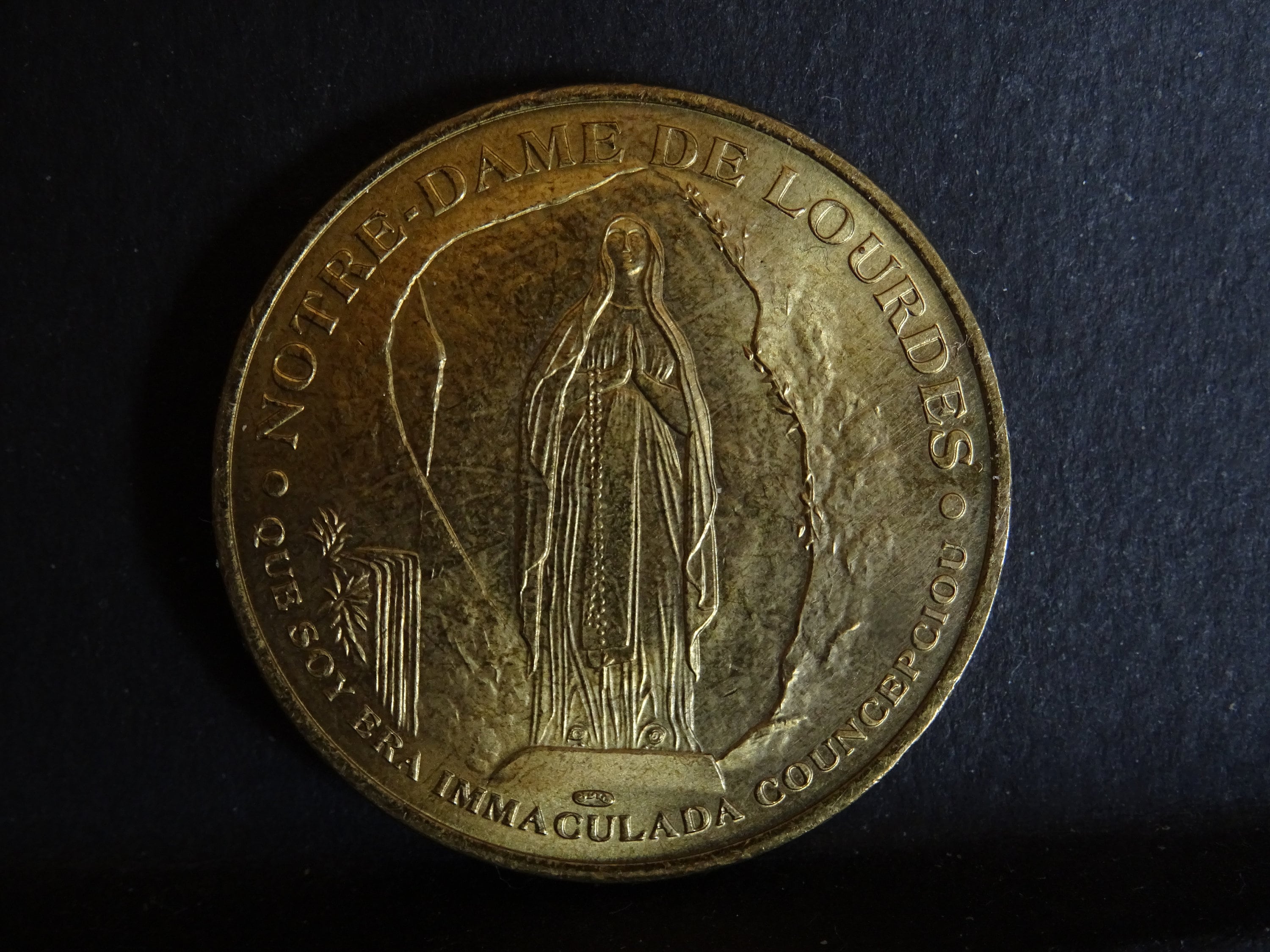 Plaque. Keepsake Token Altar Sanctuary Our Lady Lourdes Souvenir Gold Colour France Medal Holy Charm