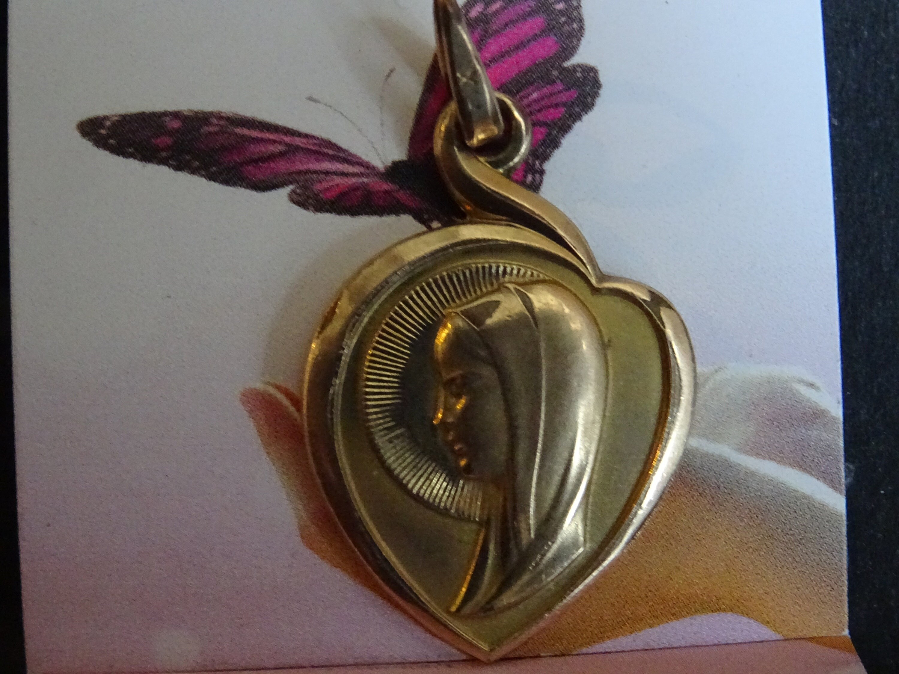 Virgin Mary Half Halo Heart Vintage Français Gold Colour, Pendentif, Catholique, Religieux Holy Gift