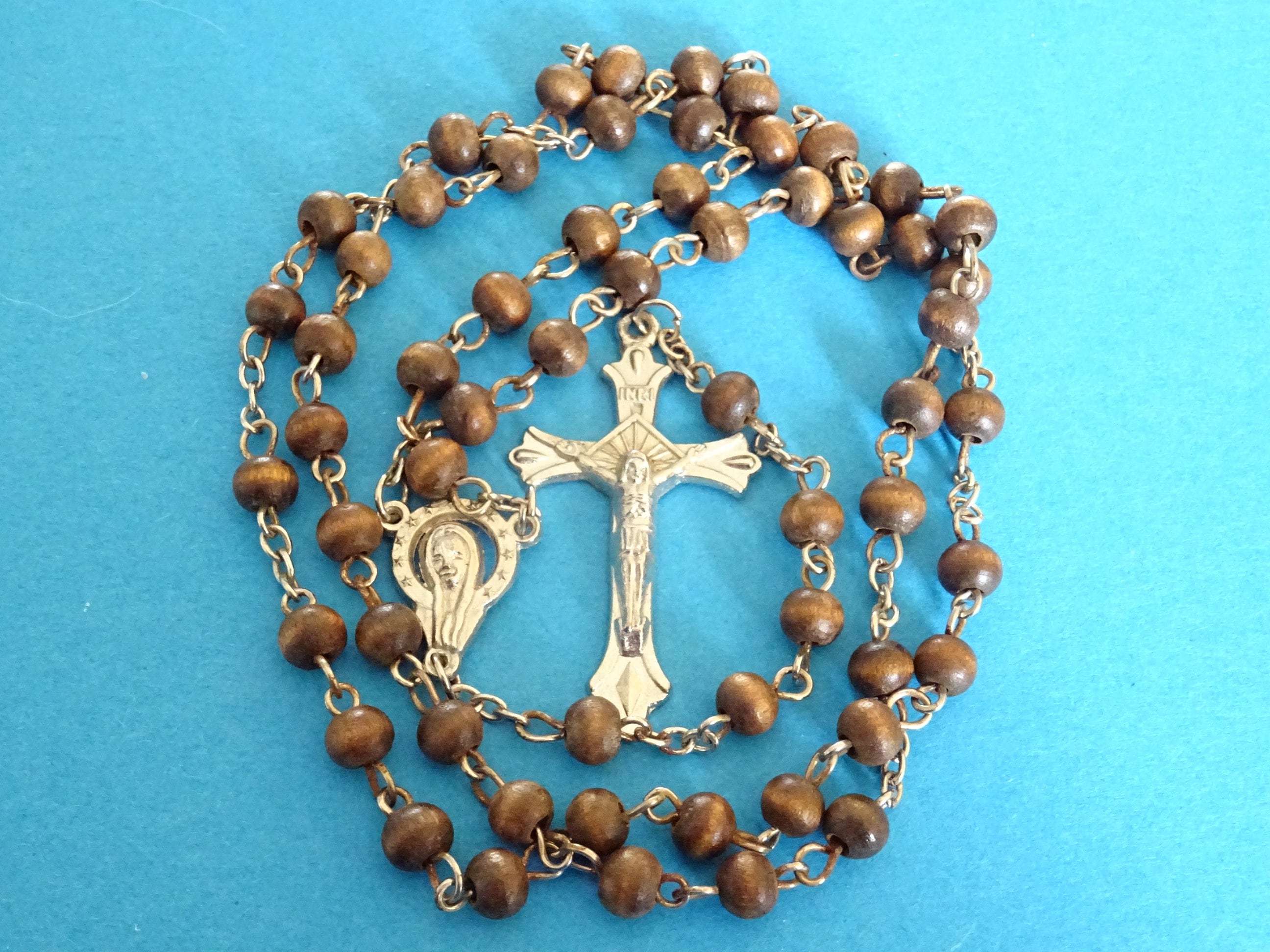 Marie. Jésus. Italie. Chapelet Vintage Chaplet Medaille Brown Woodens Beads Cross P 840