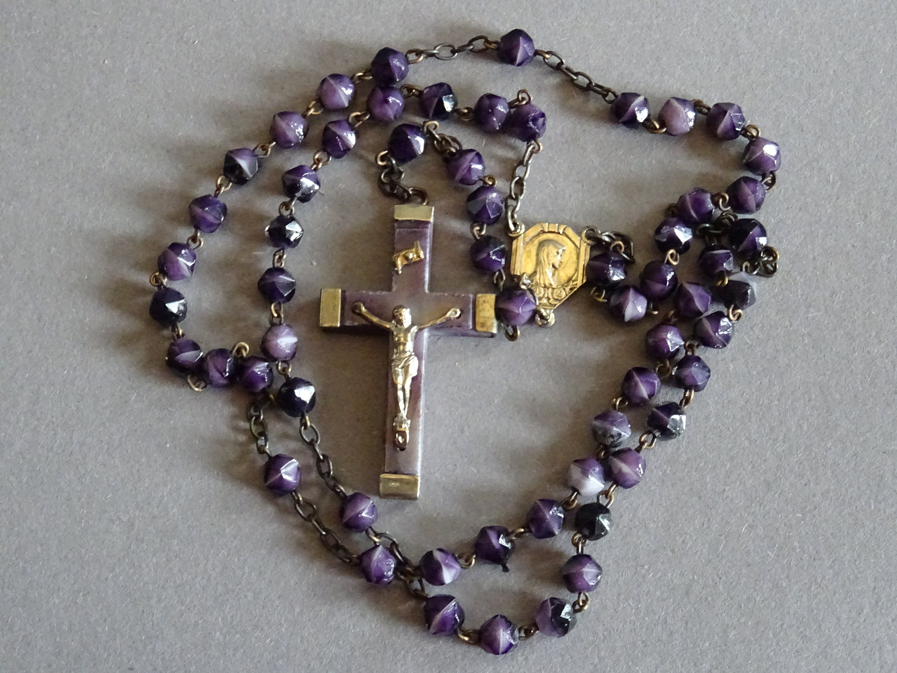 Ancien Chapelet Vierge Marie Medaille France Purple Glass Beads Croix