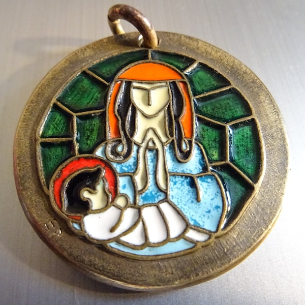 French Modernist Elie Pellegrin Large Enamel and Bronze. Madonna and Child. Religious French Pendant medallion Holy Charm B 731