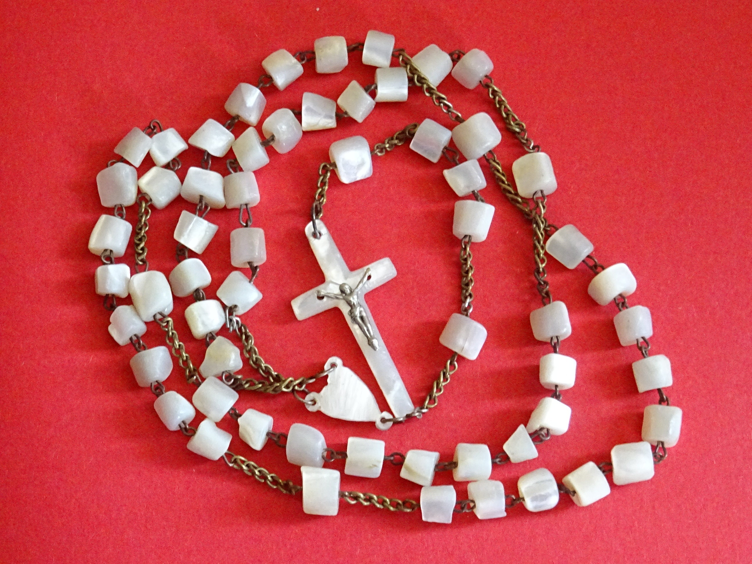 Ancien Chapelet Rosaire Perles de Nacre Croix D 234