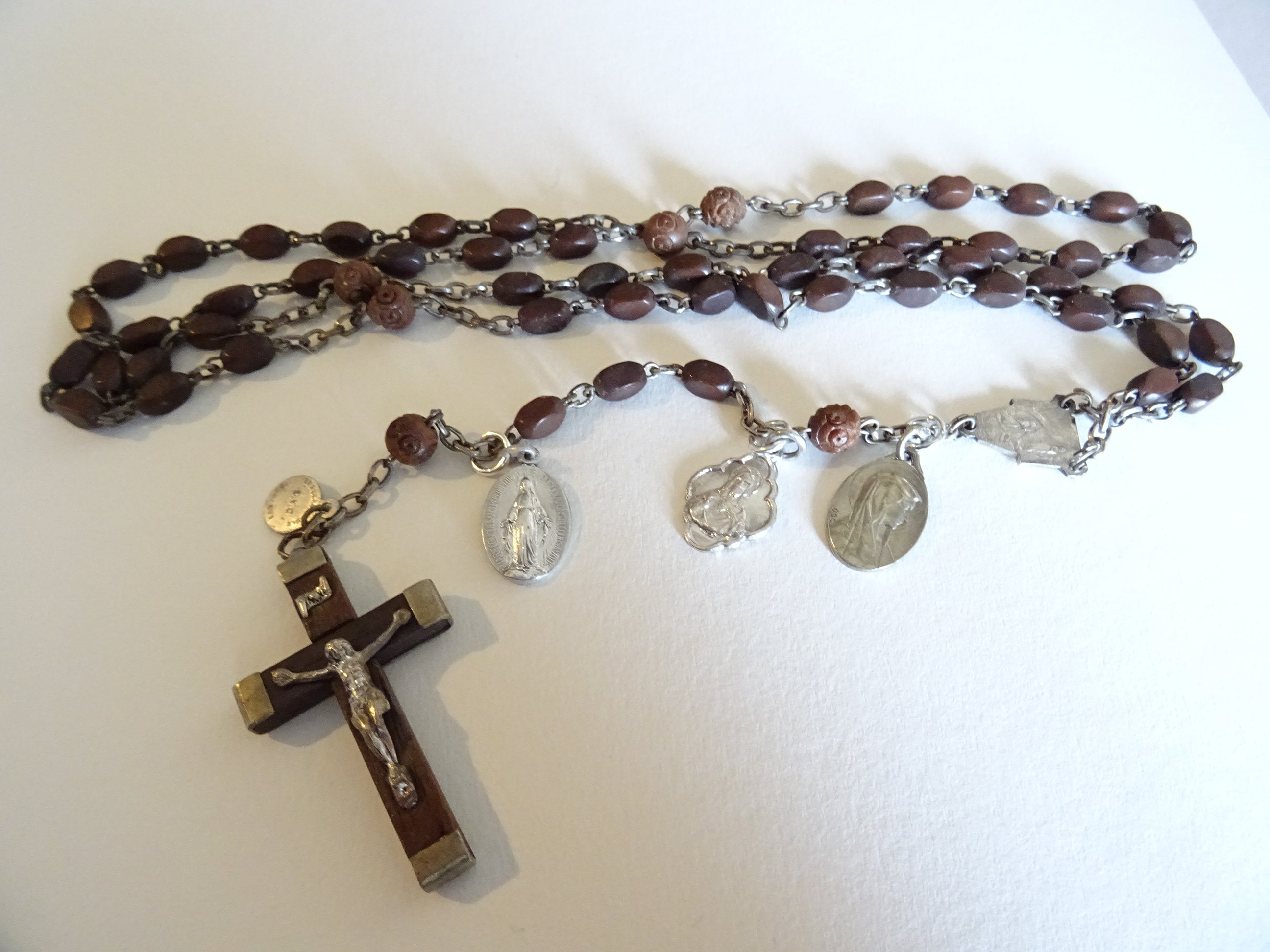 Français Chapelet Antique de Rosaire Marie et Jésus. Médaillons Supplémentaires Perles Sculptées en