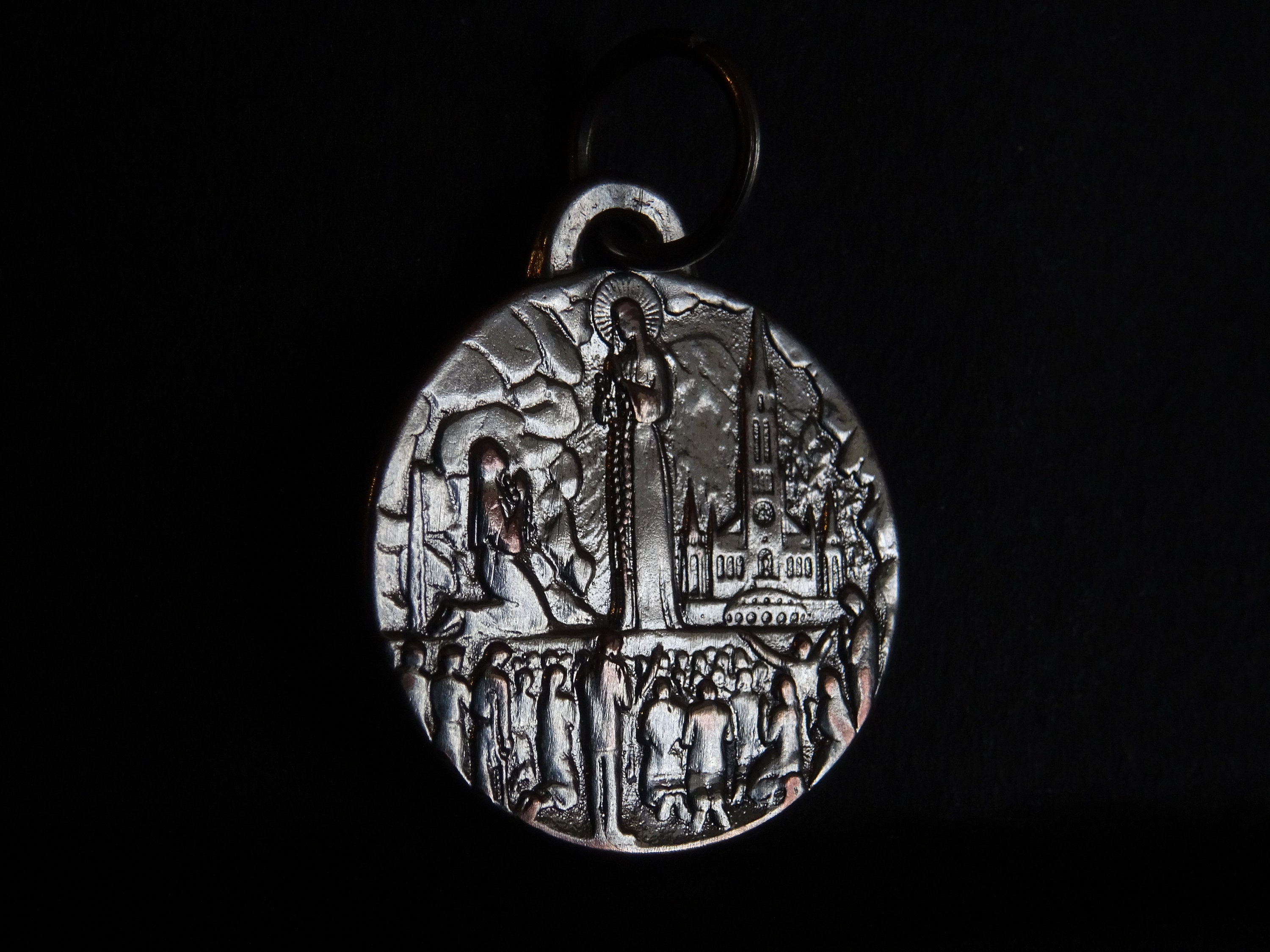 Vintage d'argent Centenaire Grotte Lourdes Souvenir Medal Medaille Holy Charm