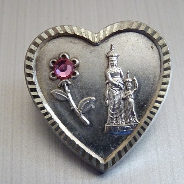 Our Lady Crowned Pink beaded Flower. Heart Shaped Badge Brooch Pin D 272