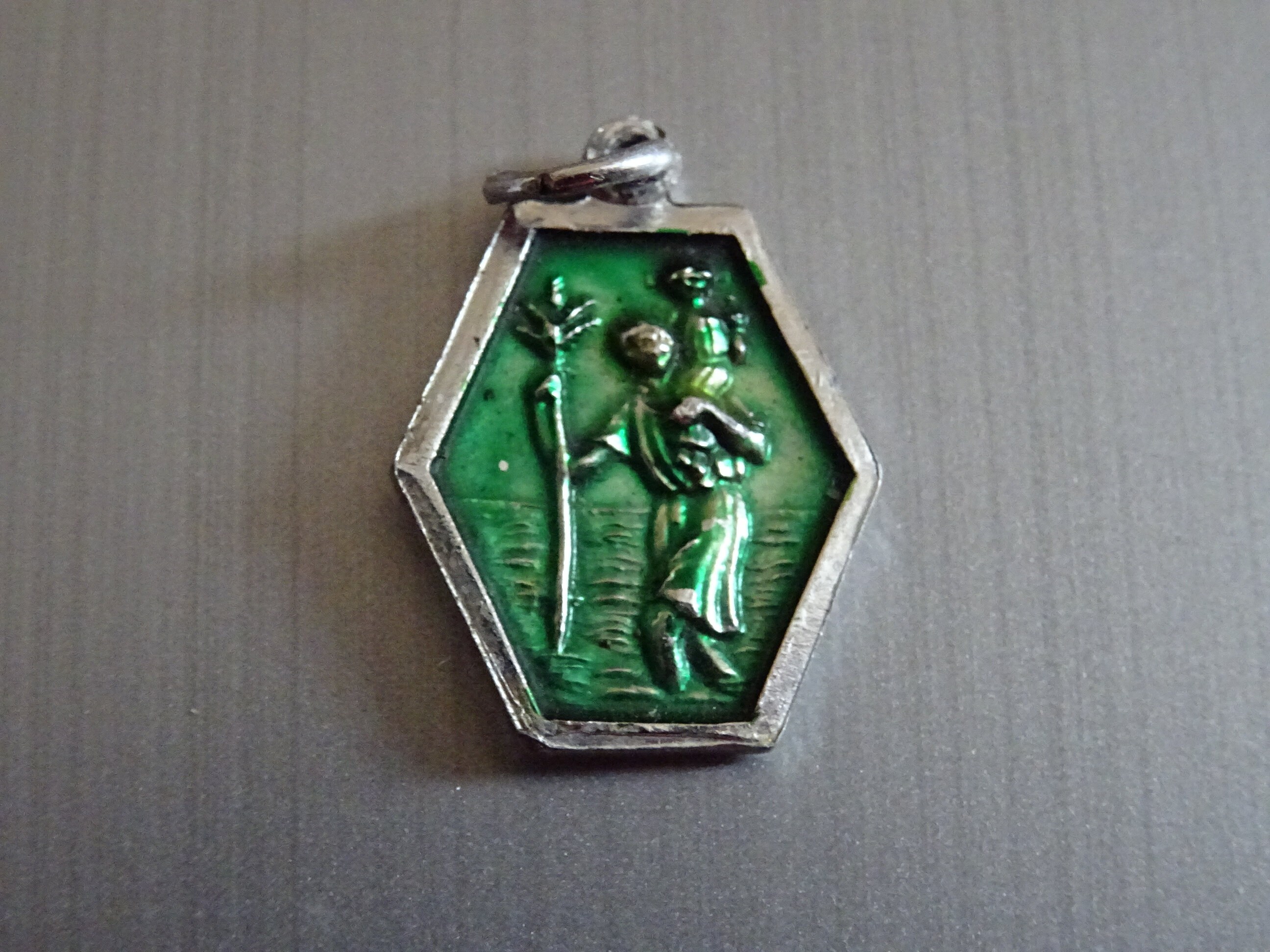 Saint-Christophe. Vert. Vintage Petit. Émail Saint Charme Médaille Pendentif Médaillon Médaille Meda