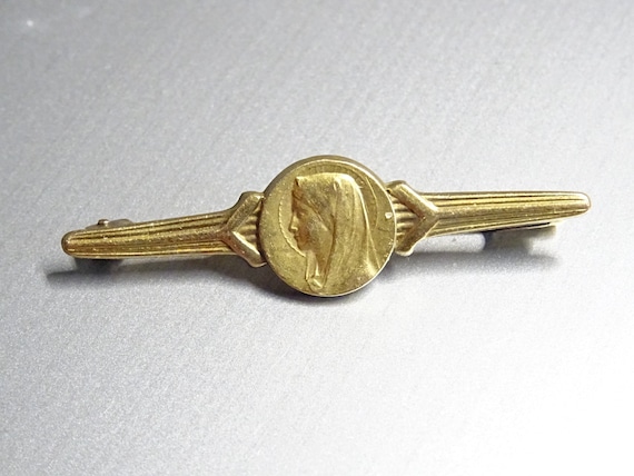 Broche Ancienne La Vierge - Plaqué Or Oria Avec Poinçons - Dimensions 3x0.5 Cm - Poids 1.45 G - Occasion - Vintage Et Religieux