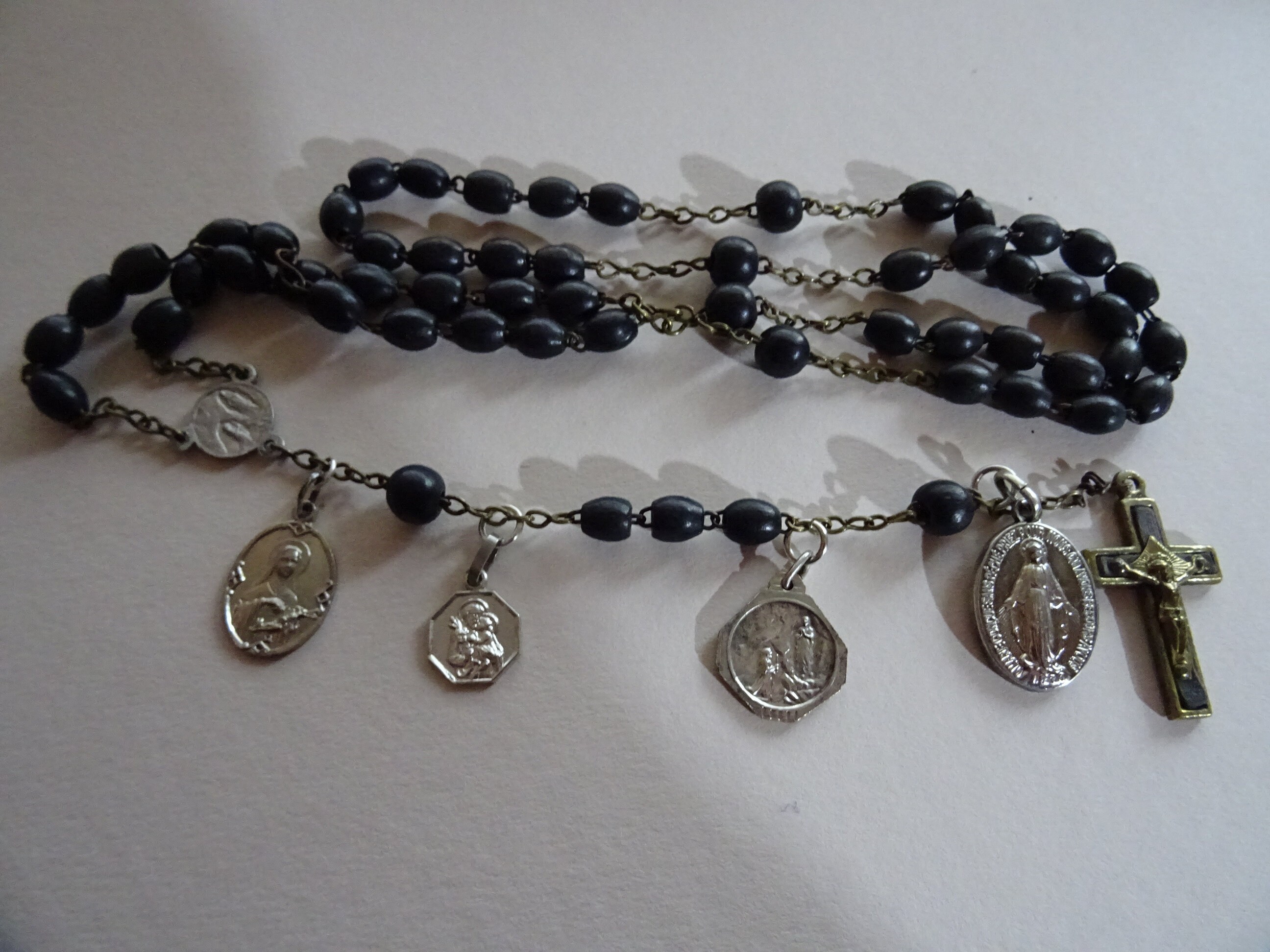 Français Chapelet Antique de Rosaire Marie et Jésus. Médaillons Supplémentaires Perles Sculptées en