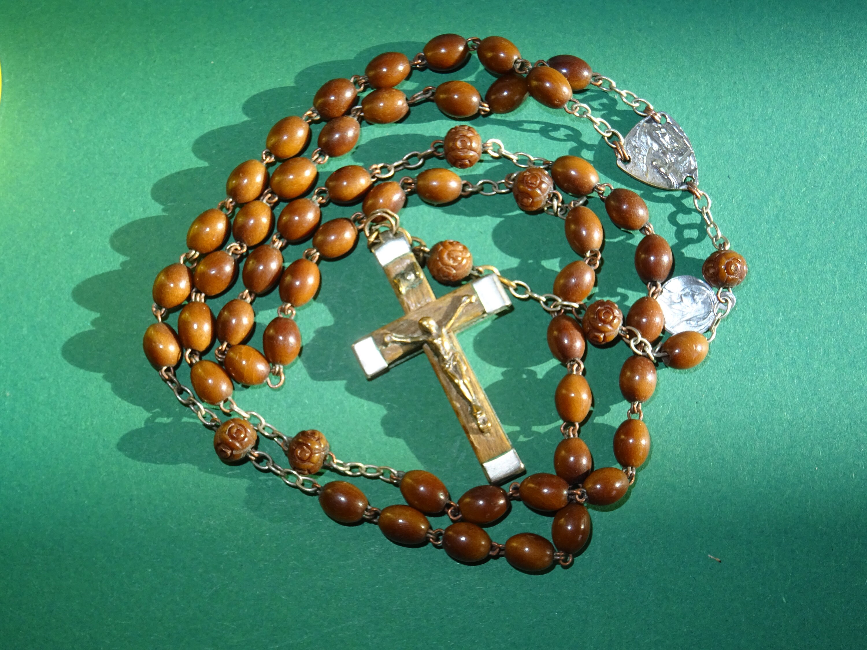 Vintage Chapelet Indecrochable Lourdes Medaille Médaille Perles de Bois