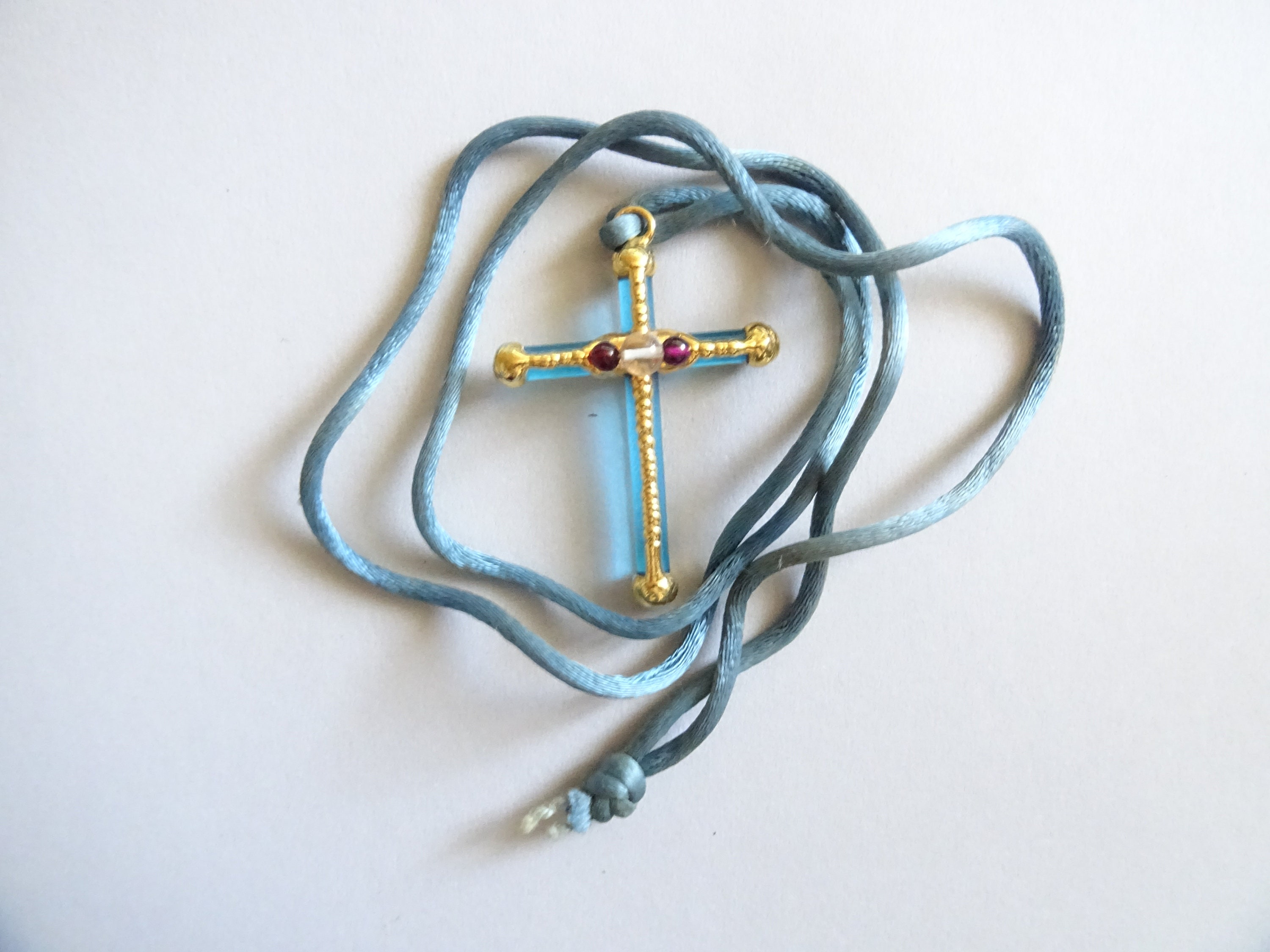 Vintage Rosary Chapelet Prayer Cross gold Blue Colour  Blue  Material Cord Pendent P 135