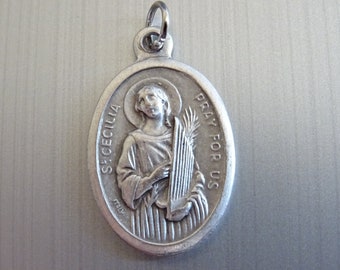 St. Cecilia, Patron saint of music and of musicians. Silver medal medallion pendent Holy Charm B 351