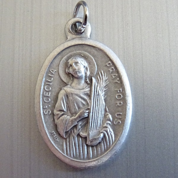 St. Cecilia, Patron saint of music and of musicians. Silver medal medallion pendent Holy Charm B 351