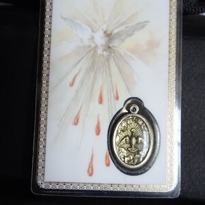 Saint Heilige Geest met gebedskaart geoxideerde zilveren medaille Medaille religieuze vintage heilige charme E9
