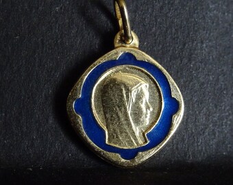 Virgin Mary Gold Colour Enamel Vintage French Pendant Holy Charm medallion medal Medaille