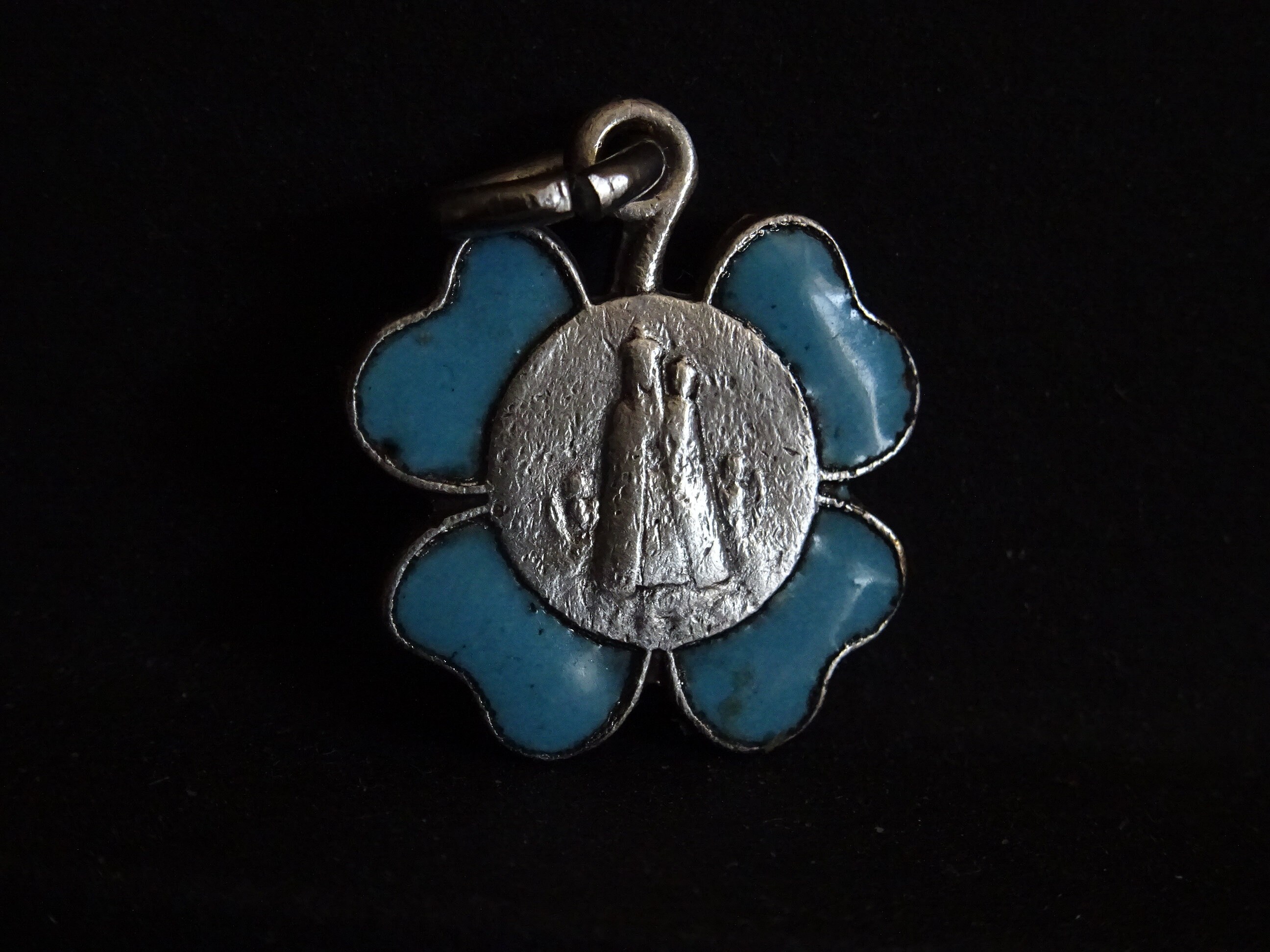 Notre-Dame d'irlande, Trèfle à Quatre Feuilles. Blue Enamel Vintage Français Pendentif Holy Charm Mé