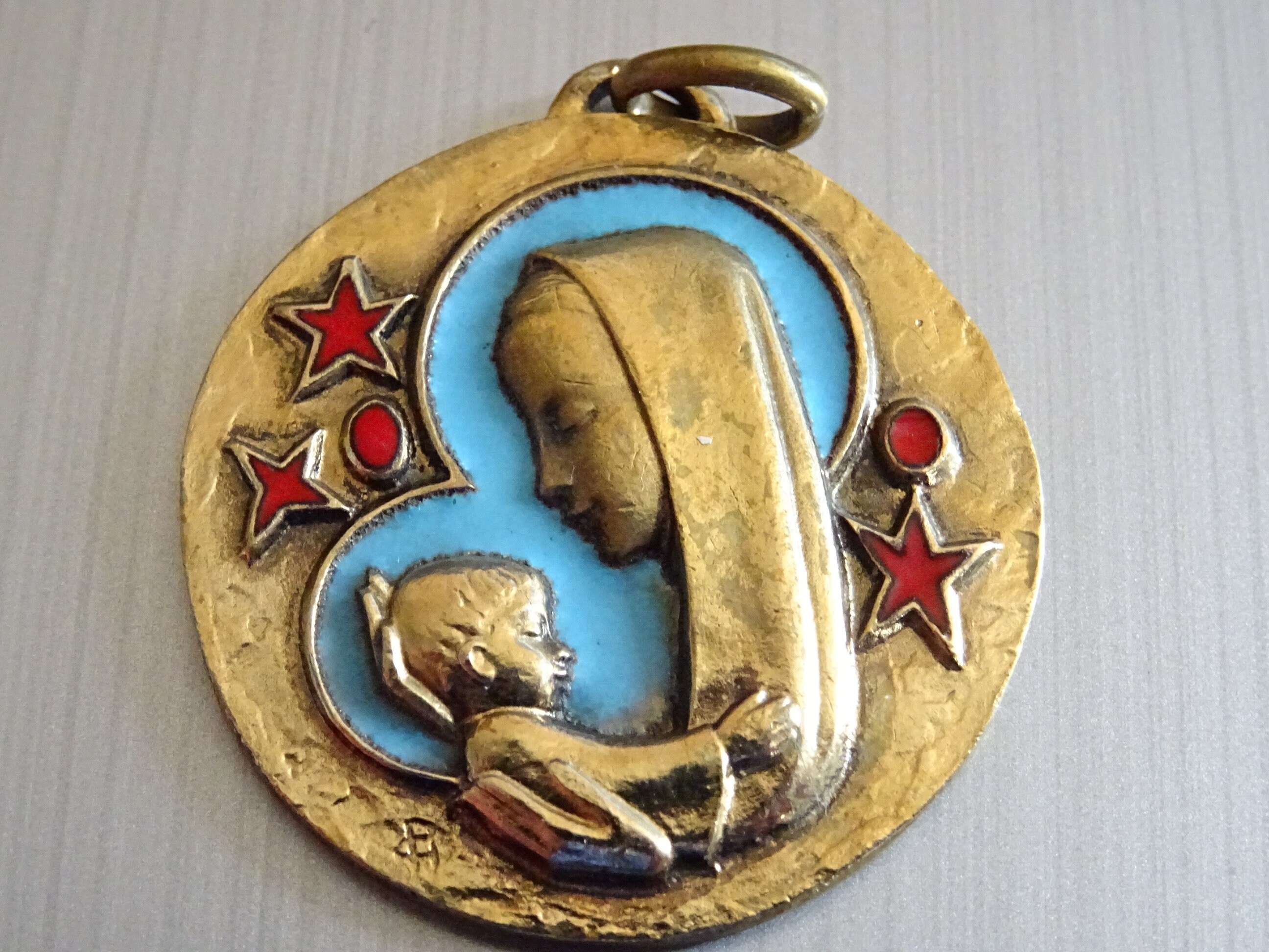 Sainte Mère Marie Aux Étoiles Rouges. Médaille Religieuse Antique Catholique Saint Charme Médaillon 