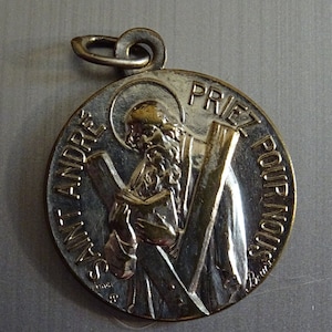 Saint Andre is the patron saint of Fishermen. Signed Penin. French Vintage. Religious medal medallion pendent medaille Holy Charm D 41