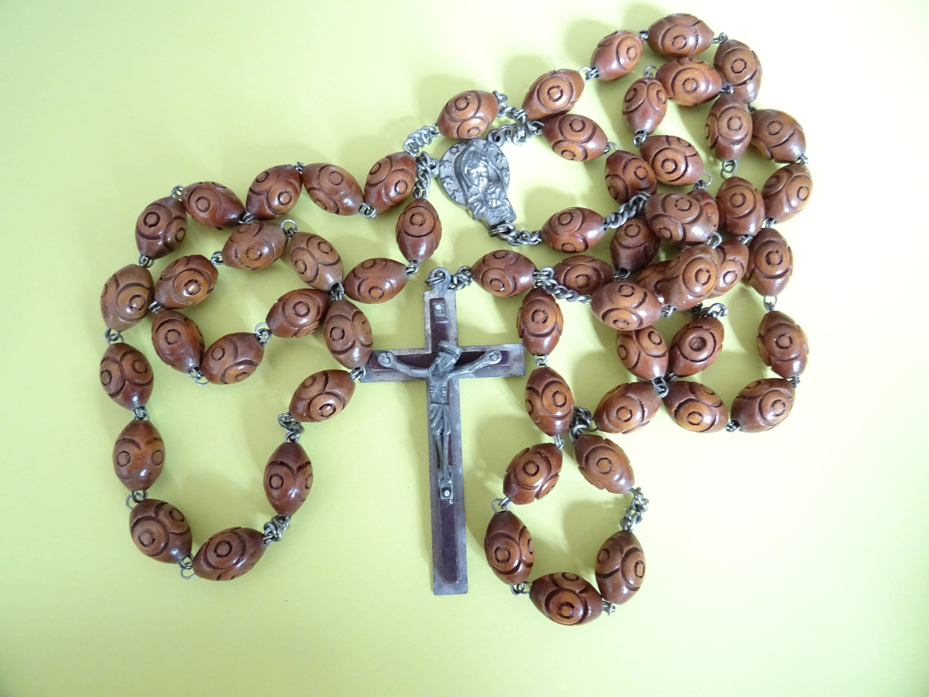 Ancien Grand Chapelet Chapelet Perles Sculptées Croix Medaille 77 cm