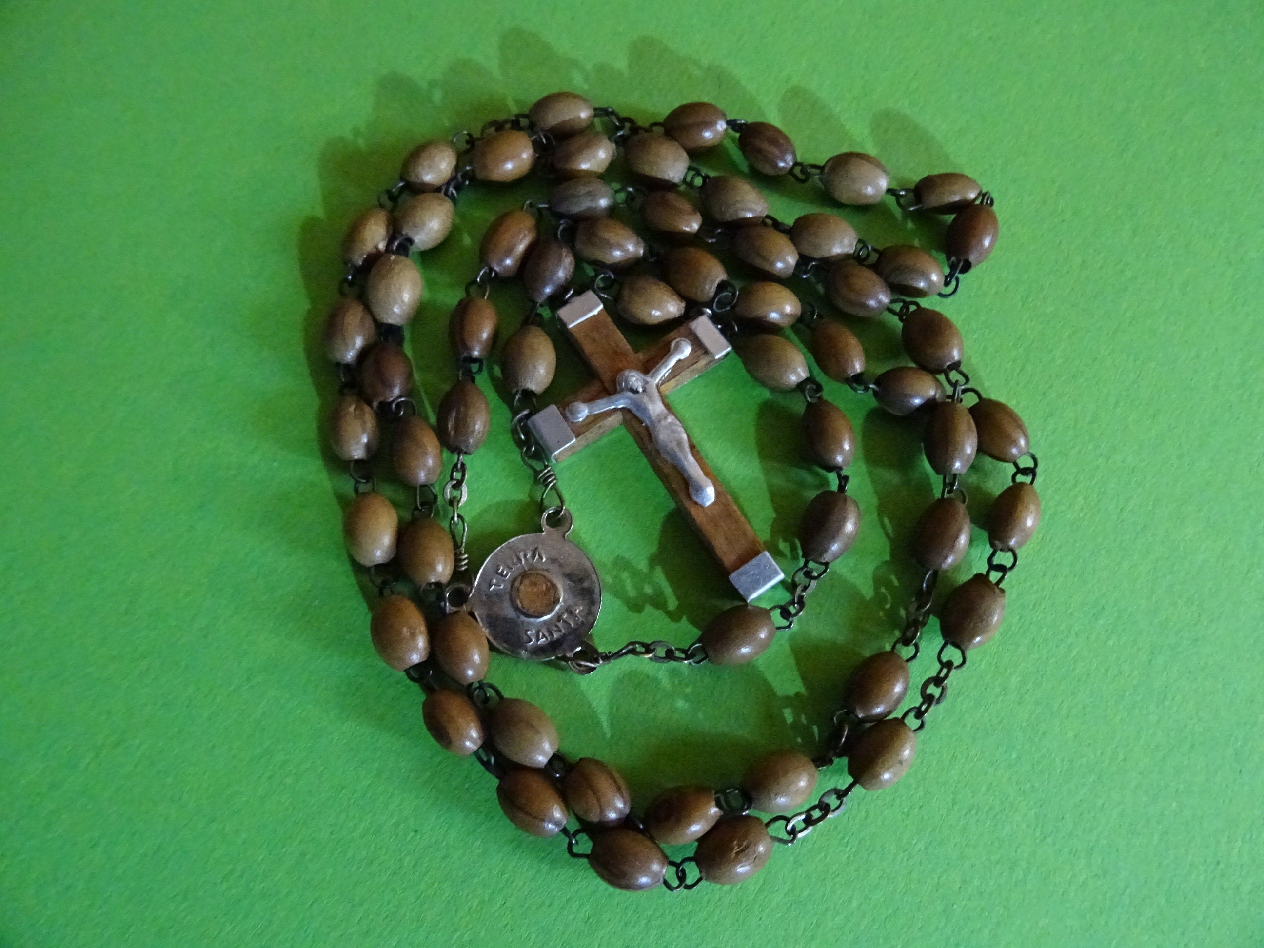 Bethléem. Terra Santa Perles en Bois Vintage Chapelet Médaillon Croix P 847