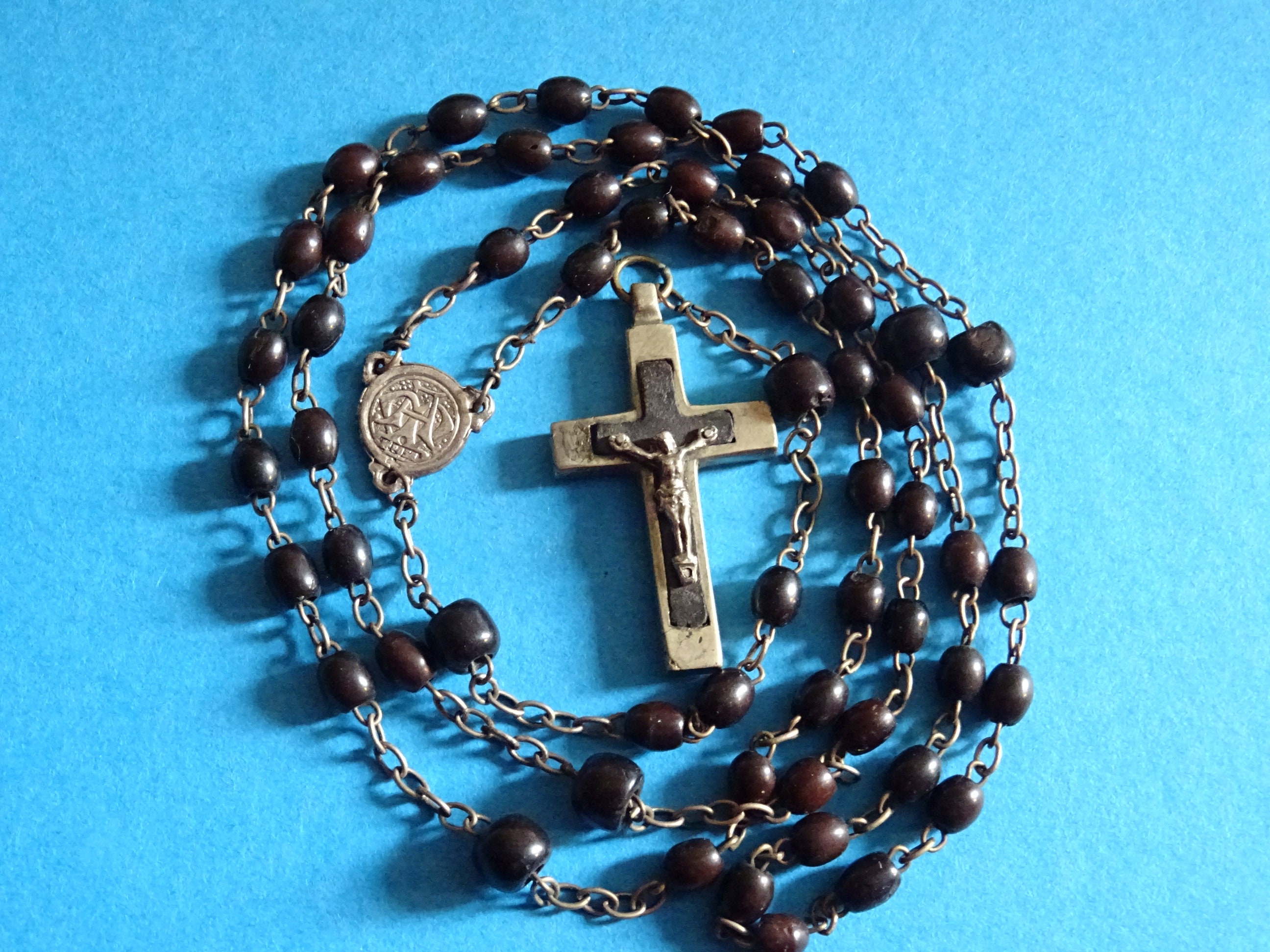 Ancien Chapelet de Marie Croix Crucifix Ébène Médaillon Incrustation Perles Noires D 11