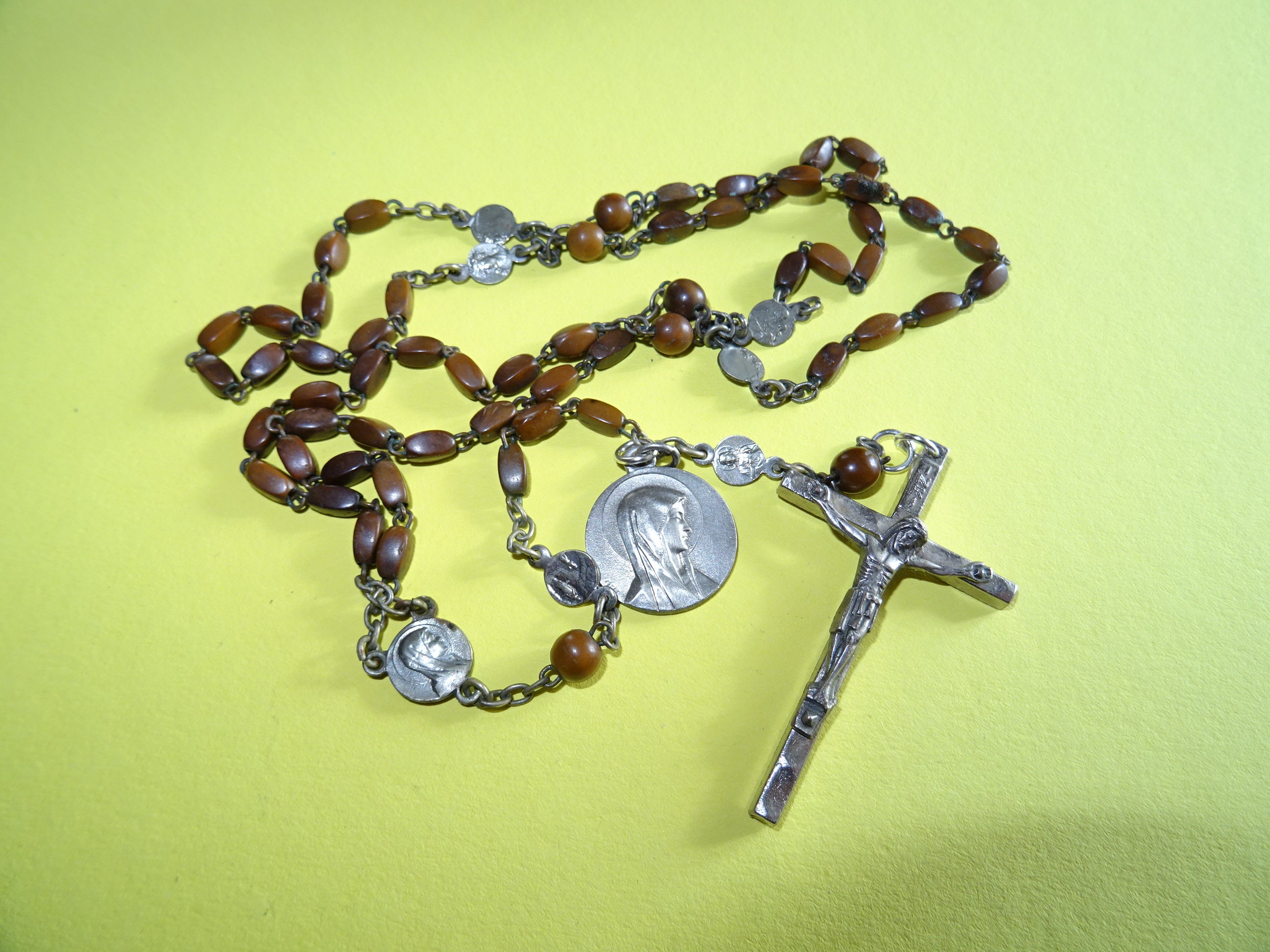 Français Chapelet Rosaire Antique 6 Petits Médaillons Du Milieu Perles Mary Brown. Croix Italienne B