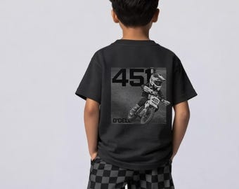 Custom Moto Rider Kids Tee | Youth Dirt Bike Graphic Name and Number Tee | Supercross | Motocross