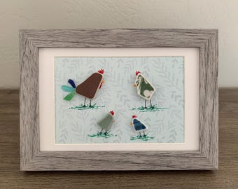 sea glass chicken family wall art; rustic farmhouse decor