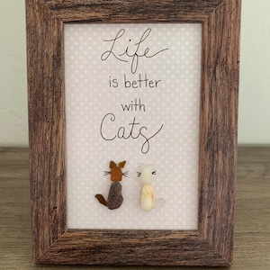 Sea Glass Cat Art: Pebble Cats in Wooden Frame