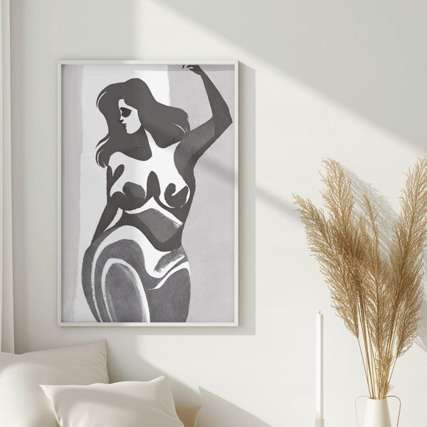 Female Form Body Positivity Wall Art | Black and White Minimalist Painting | Digital Download | Printable