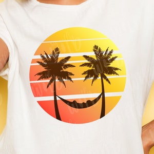 PNG Palm Tree and Hammock Sublimation Design Smiley Face Palm Tree Sunset Sublimation Design Instant Download Beach Design image 1